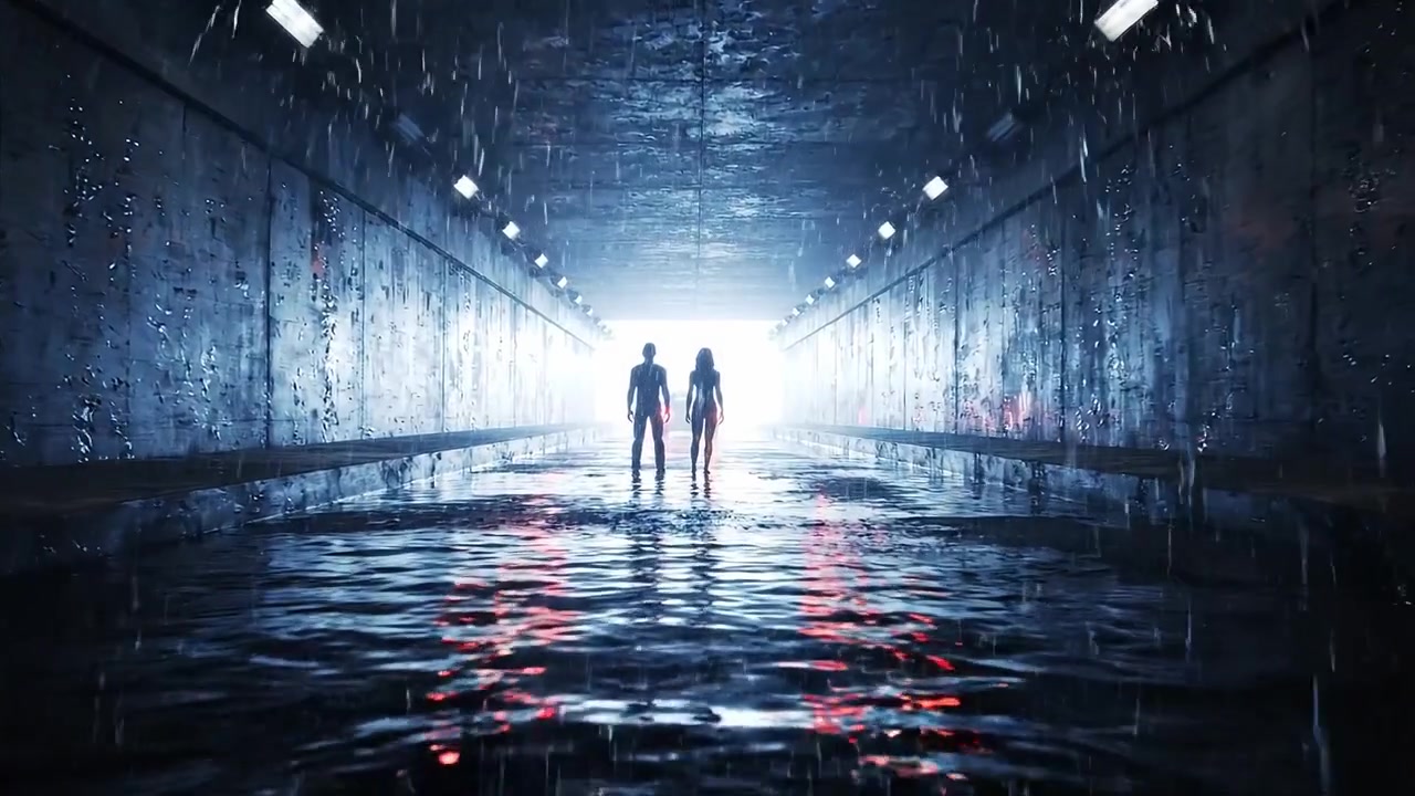 A mysterious couple walks through a dimly lit tunnel, surrounded by water reflections and raindrops, creating an eerie yet captivating atmosphere of suspense.