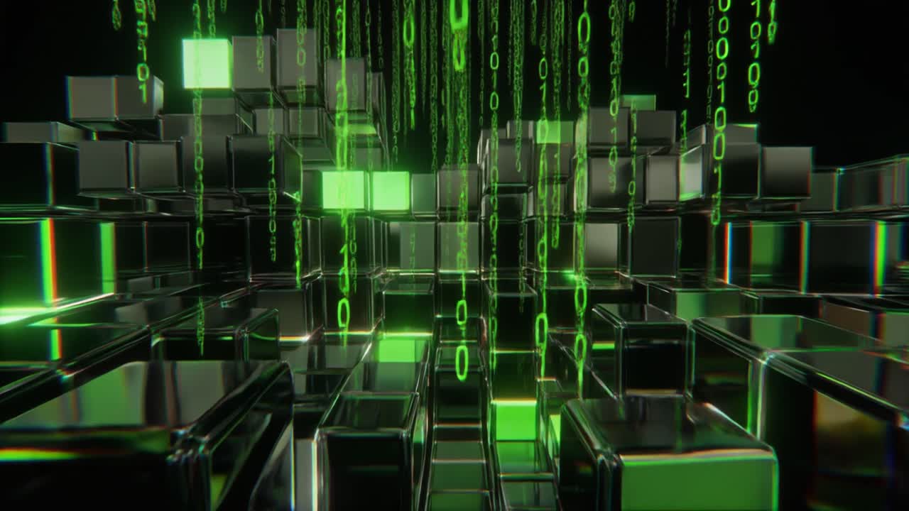 Falling Binary Code Over Glowing Digital Cubes