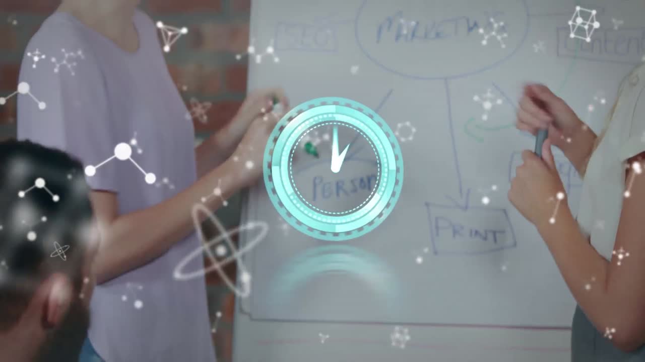 animación de reloj y moléculas sobre la gente studding