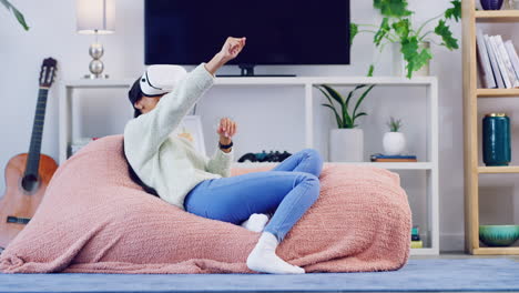 woman using vr headset in a comfortable home setting