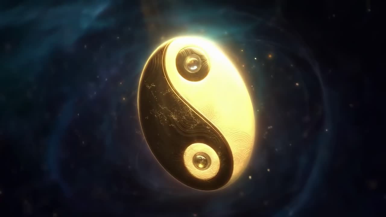Simbolo Yin Yang dorato che ruota nello spazio cosmico oscuro