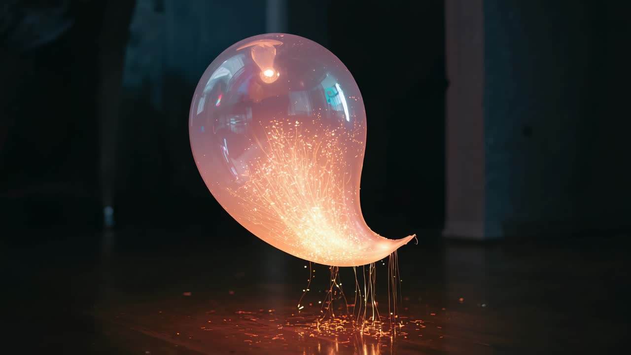 Transparent balloon releasing molten spark filaments on wooden floor after spark source igniting