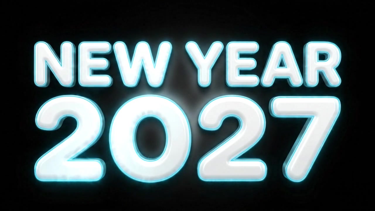 Animazione di testo luminoso Anno Nuovo 2027 su sfondo nero
