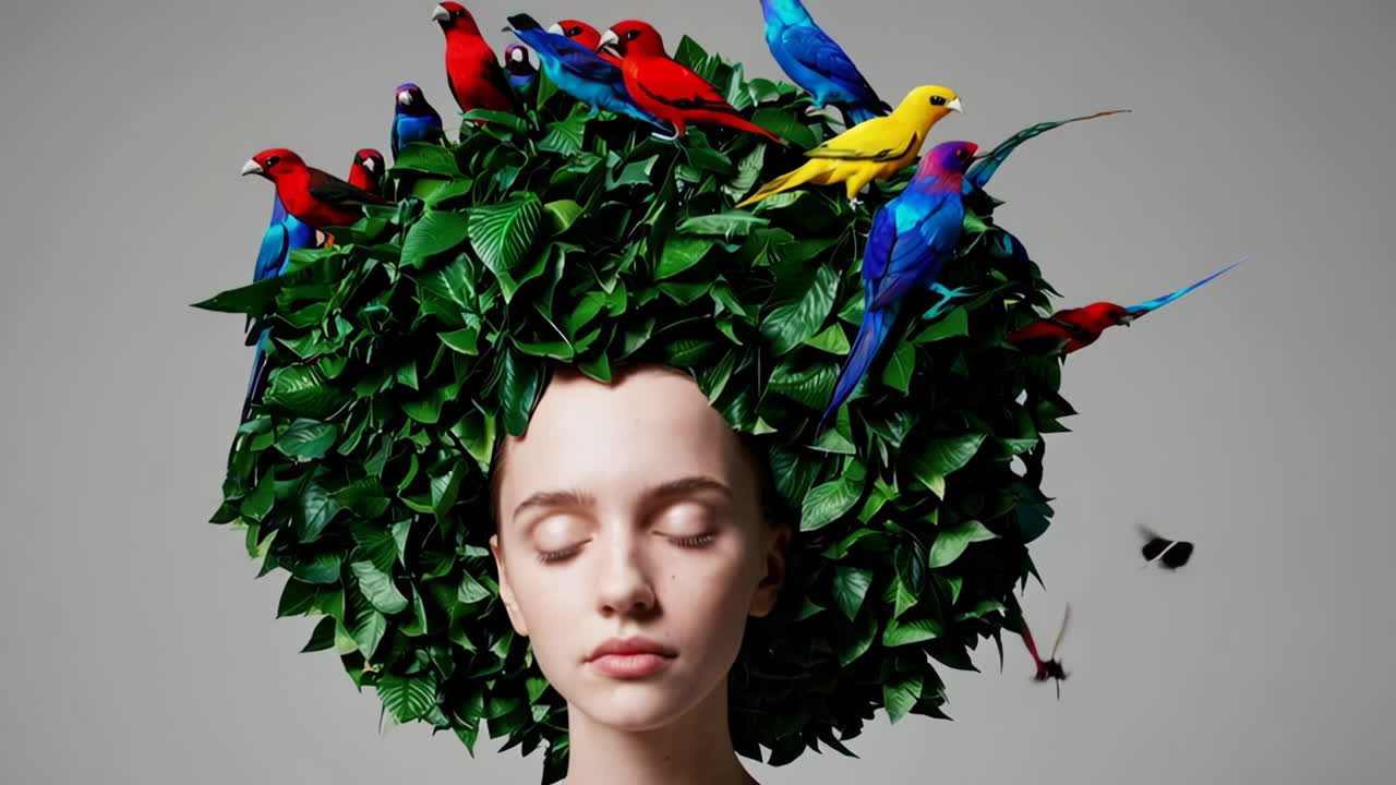 Woman with Foliage Hair and Colorful Birds