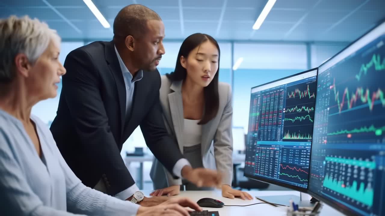 A diverse team of professionals collaboratively analyzing financial data, showcasing trends and insights on multiple computer monitors in a modern office environment