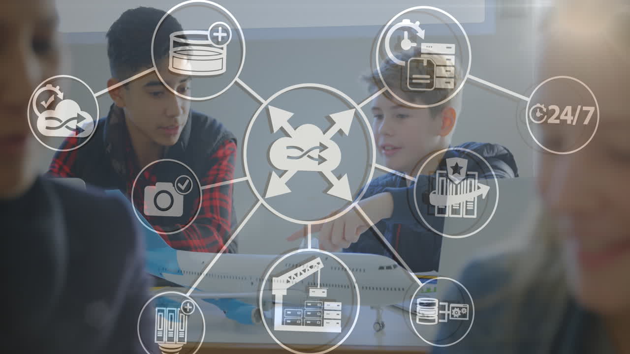 animación de iconos conectados sobre diversos estudiantes discutiendo sobre modelos de aviones en el aula.