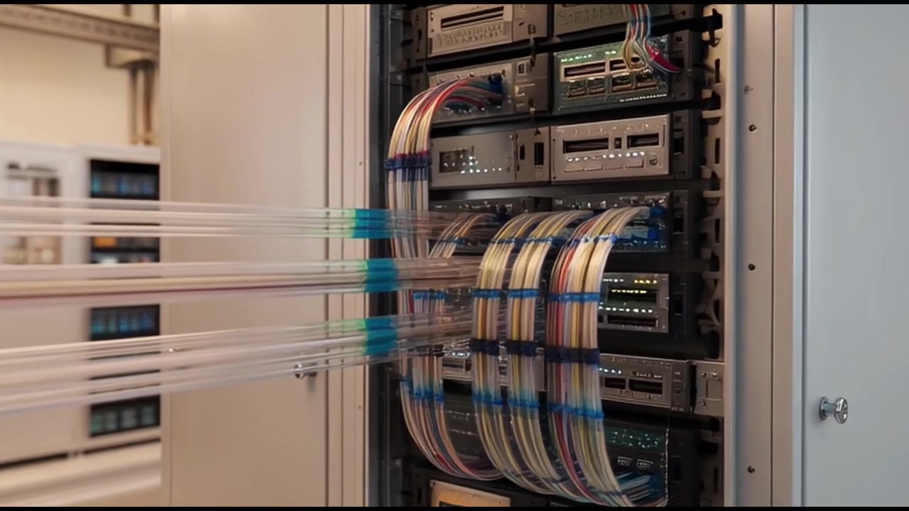 Modern Server Room with Network Racks and Fiber Optic Cables
