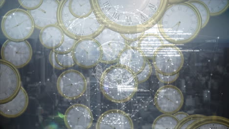 animación del procesamiento de datos y globo sobre relojes flotantes