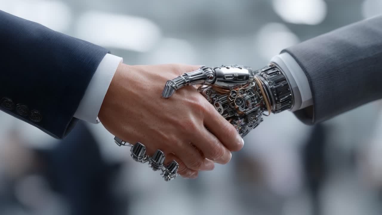 A Futuristic Union: Human and Robot Handshake Symbolizing Collaboration and Innovation in a High-Tech World