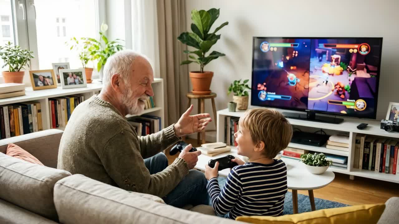 Nonni e nipote giocano insieme ai videogiochi