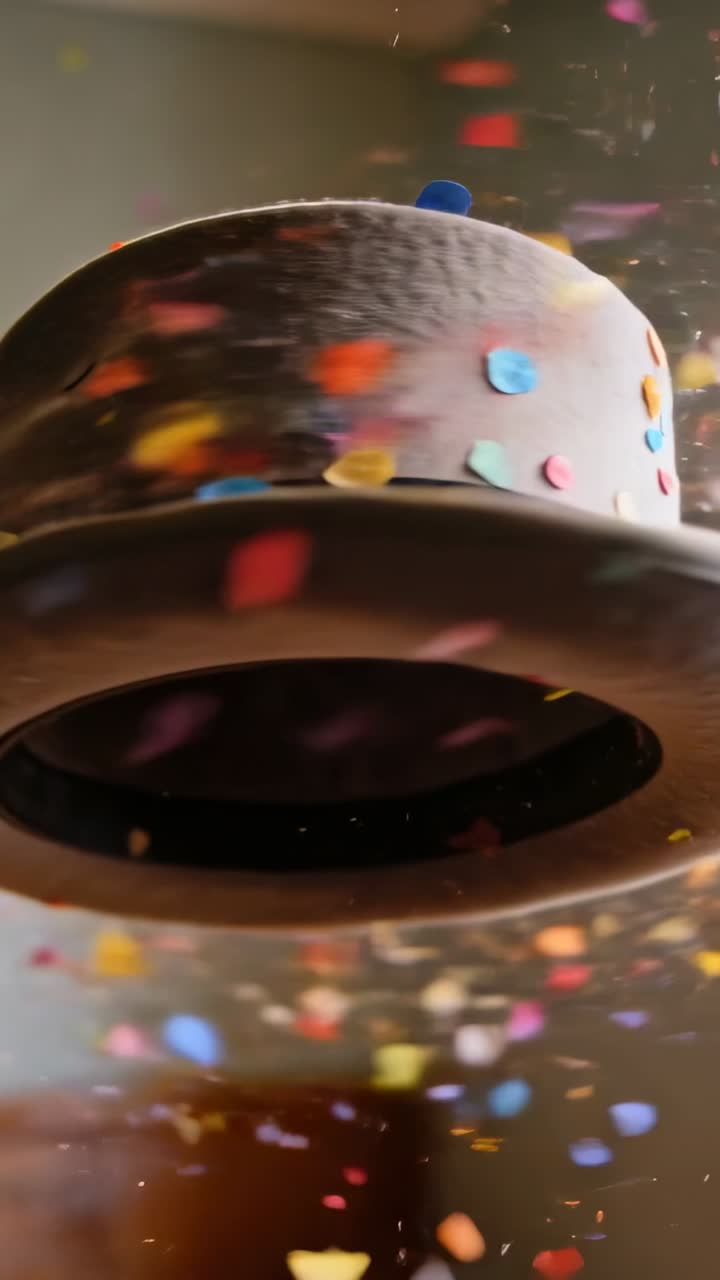 Video verticale: Coriandoli che cadono su un cappello di feltro chiaro inclinato, posandosi su un nastro nero.
