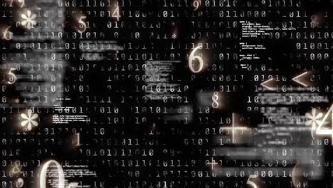 digital animation of mathematical symbols and numbers against binary coding data processing