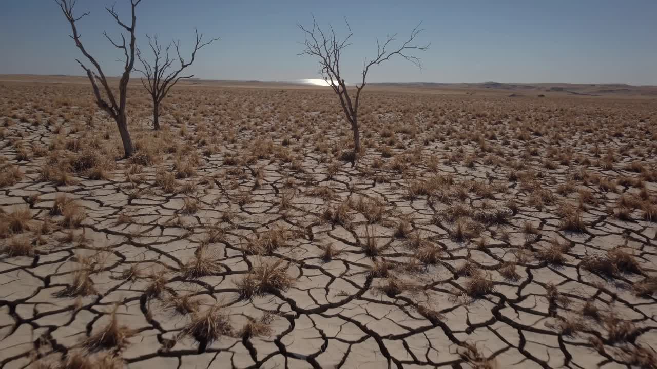 Dry, Cracked Earth Landscape with Dead Trees