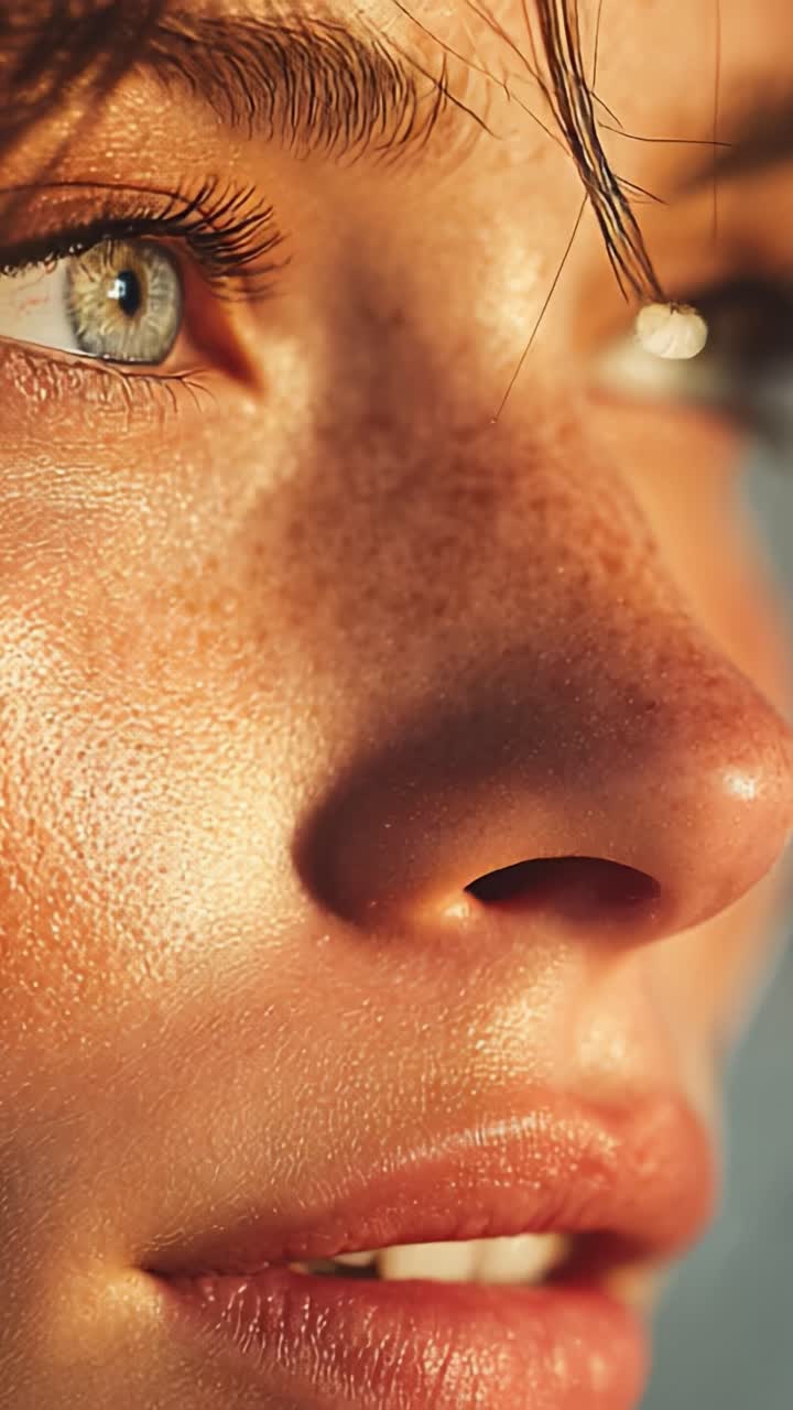 A close-up exploration of expressive facial features, highlighting the interplay of light and shadow on a radiant complexion with captivating eyes and subtle freckles