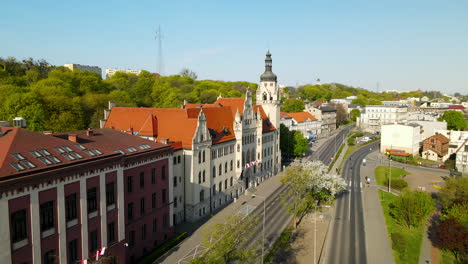 extensive aerial view of the architectural buildings district court in bydgoszcz city, poland