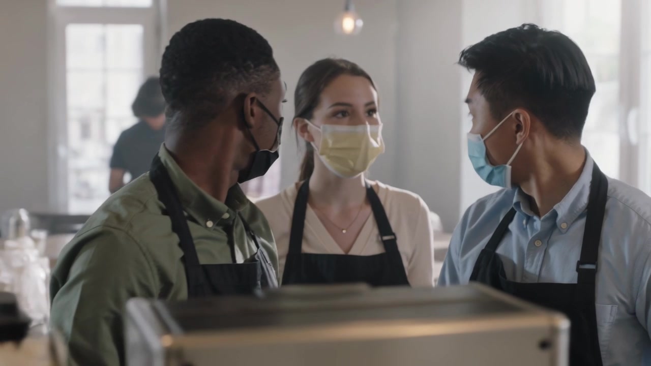 Approaching woman joining two aproned baristas at counter, aligning drink prep at espresso machine