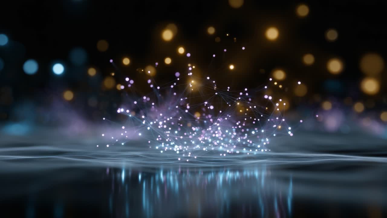 Una splendida rappresentazione di luce e particelle in una superficie fluida, che crea un'atmosfera mistica e incantevole con colori vivaci ed effetti traslucidi