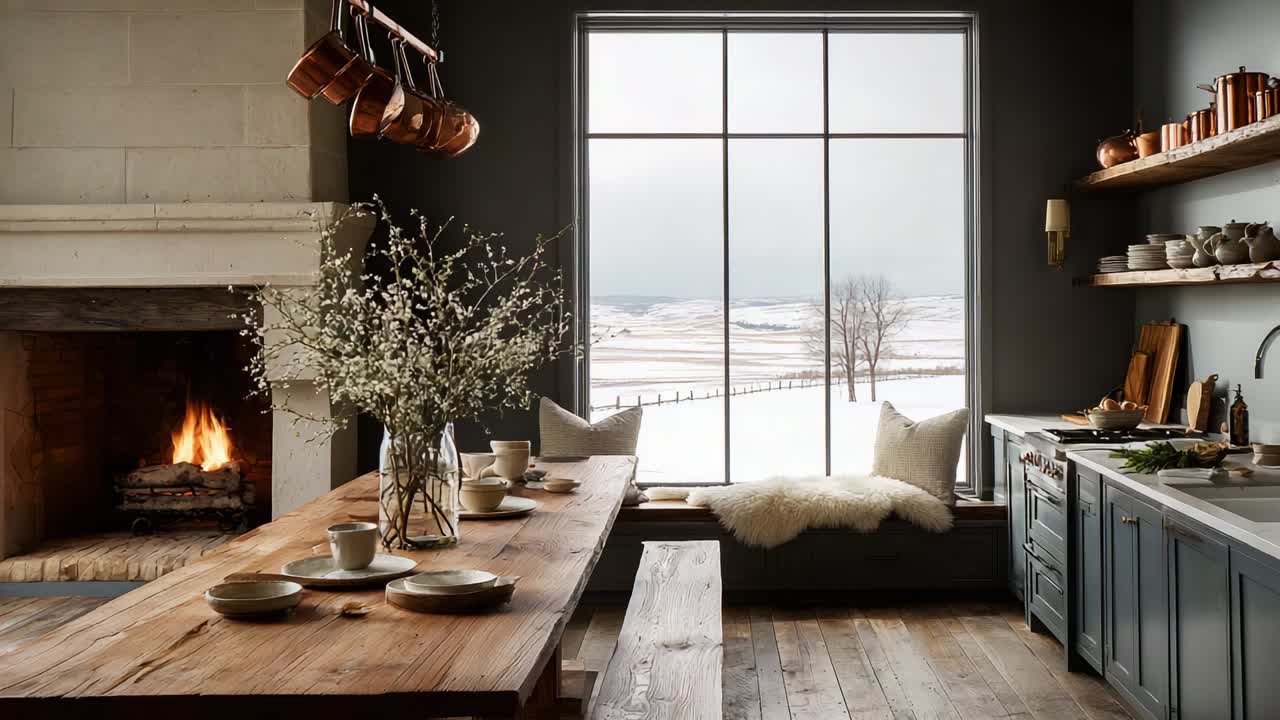 A cozy rustic kitchen with a warm fireplace, a wooden dining table set for a meal, charming decor, and a picturesque view of the snowy landscape outside the large window, evoking feelings of comfort and simplicity