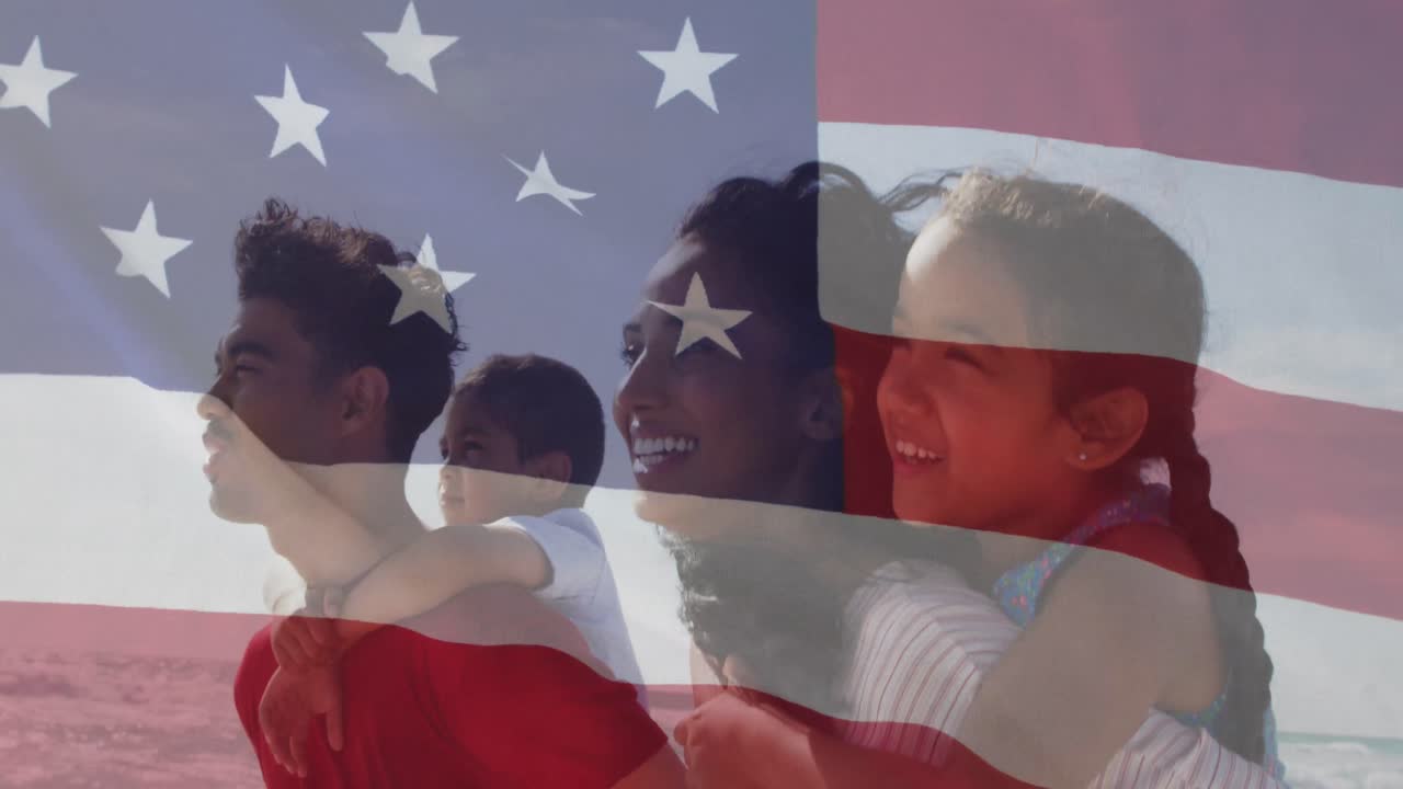 미국 국기를 애니메이션으로 그린 두 인종의 부부가 아이들을  ⁇ 어지고 있다.