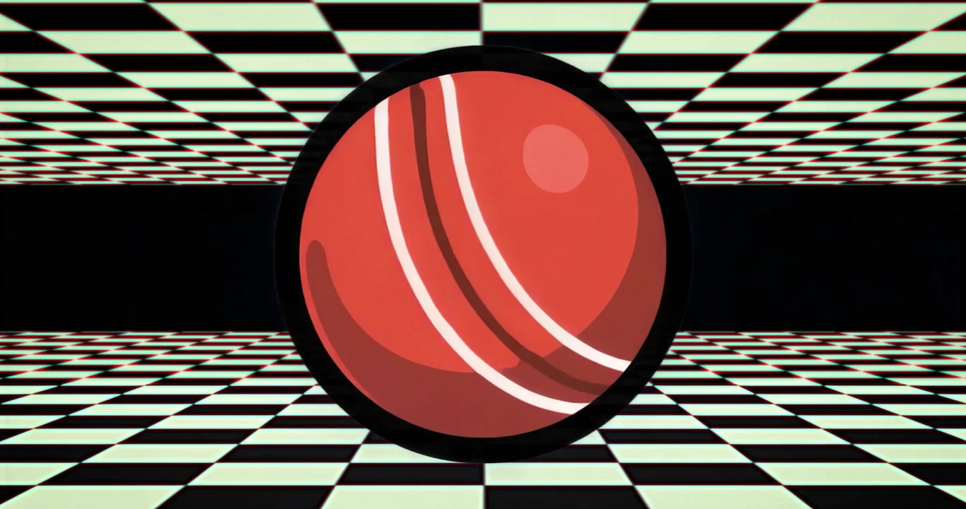 At start red sphere spinning clockwise moving stripes to initial alignment over checkerboard grid