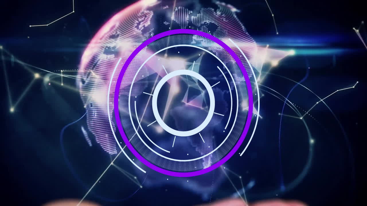 Hands holding futuristic holographic interface, digital technology animation over dark background
