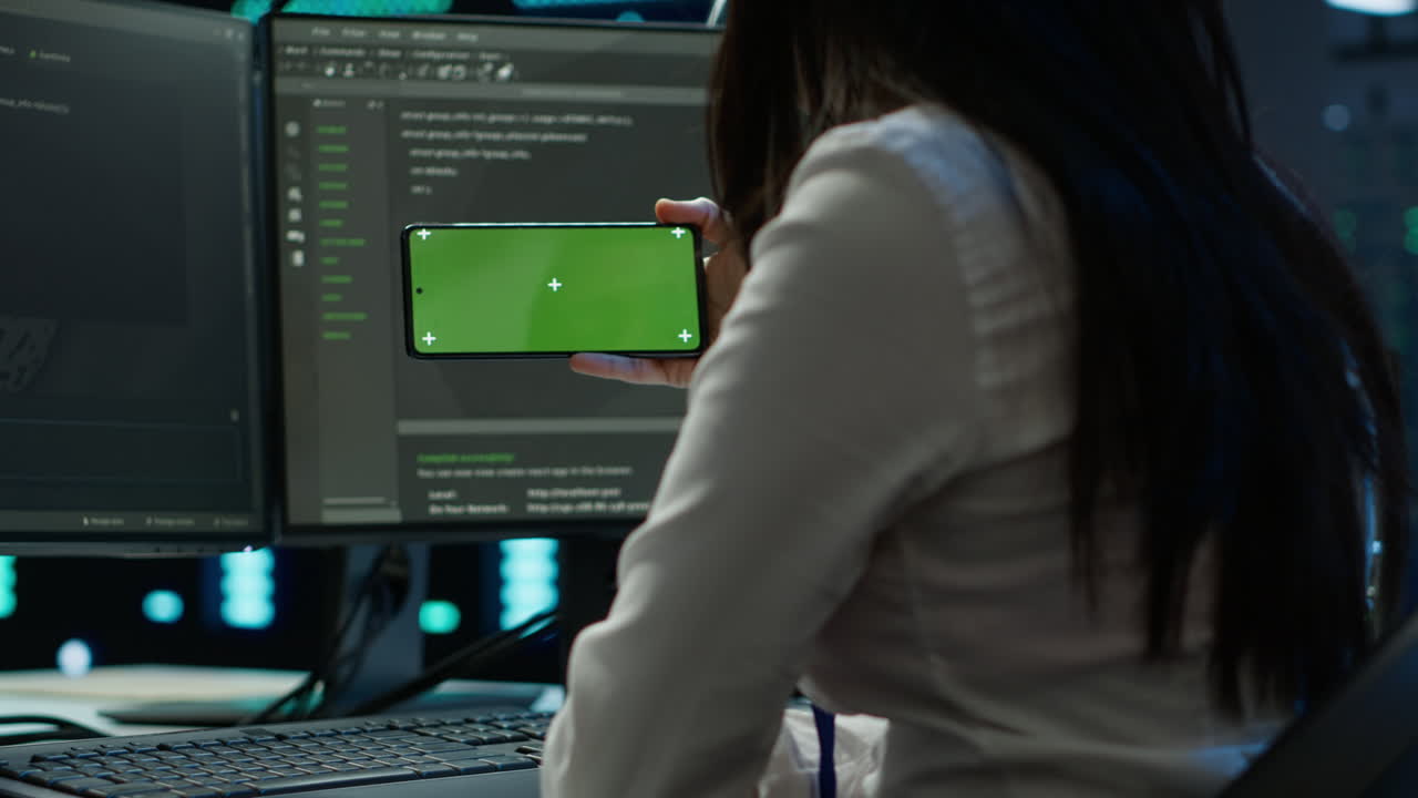 Engineer uses mockup smartphone device in server hub