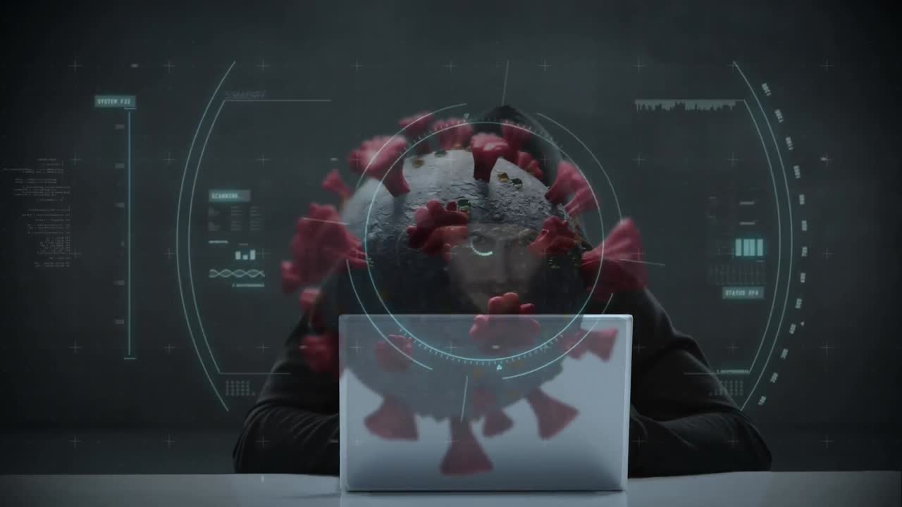 animación de un hacker encapuchado sobre una célula de coronavirus covid-19 flotando