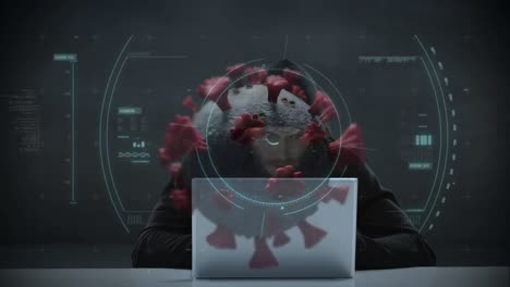 animación de un hacker encapuchado sobre una célula de coronavirus covid-19 flotando