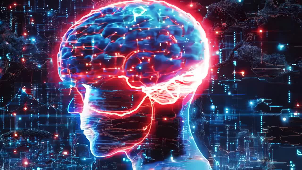 A woman's head is surrounded by a glowing, colorful, and abstract pattern. Concept of wonder and curiosity about the brain and its functions