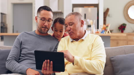 Tablet,-father-and-grandpa-with-a-girl-running-to