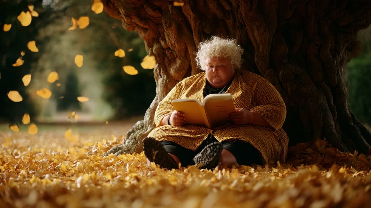 A serene scene under a grand tree, displaying a person in a cozy robe engrossed in a book, surrounded by a sea of autumn leaves drifting in the gentle breeze