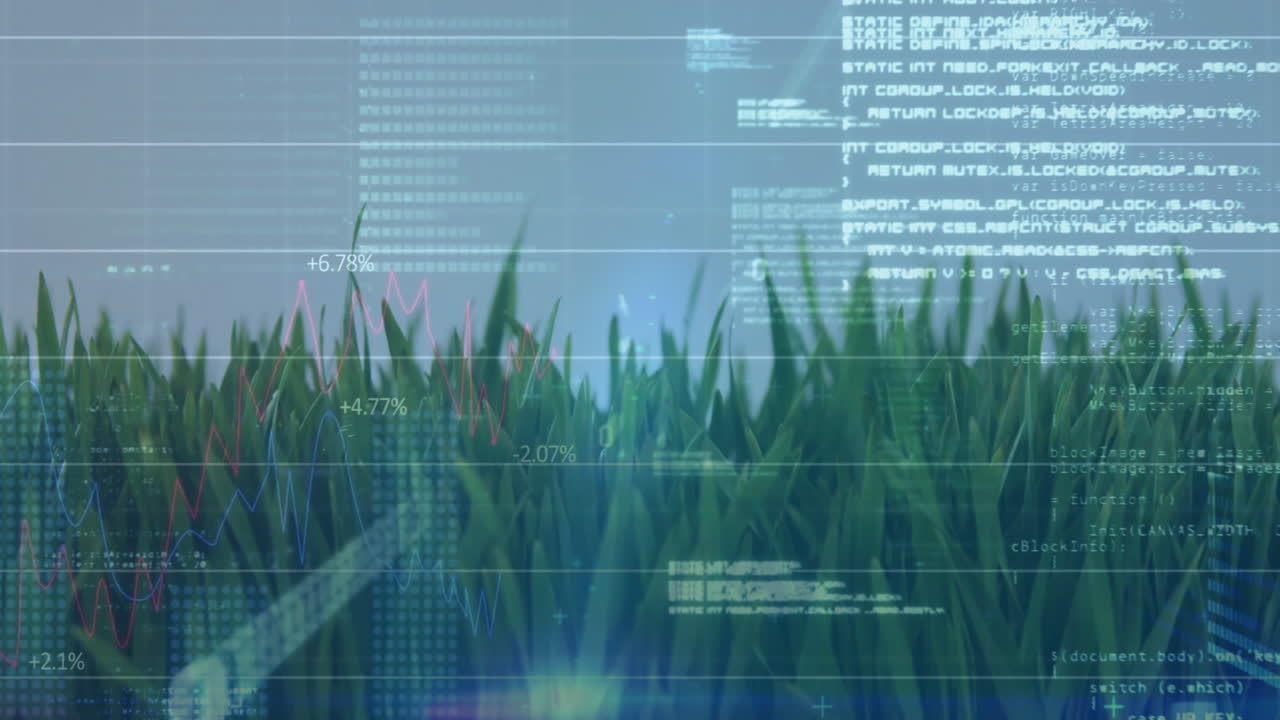 Close-up green grass blades growing with digital finance charts and code overlays in flat design