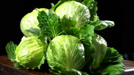 fresh green cabbages with dew on leaves arranged artistically