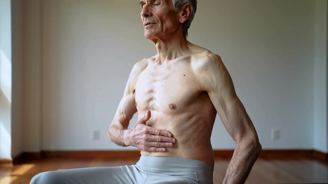 Anziano a torso nudo con pantaloni chiari, che inspira e poggia la mano sulla pancia, seduto su una panca a casa, mentre esegue esercizi di respirazione.