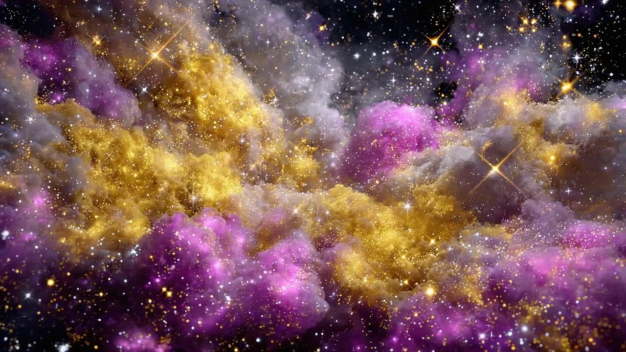 A Vibrant Cosmic Landscape Illuminated by Stars: Explore the Majestic Beauty of Deep Space with Golden Clouds and Ethereal Purple Nebulae
