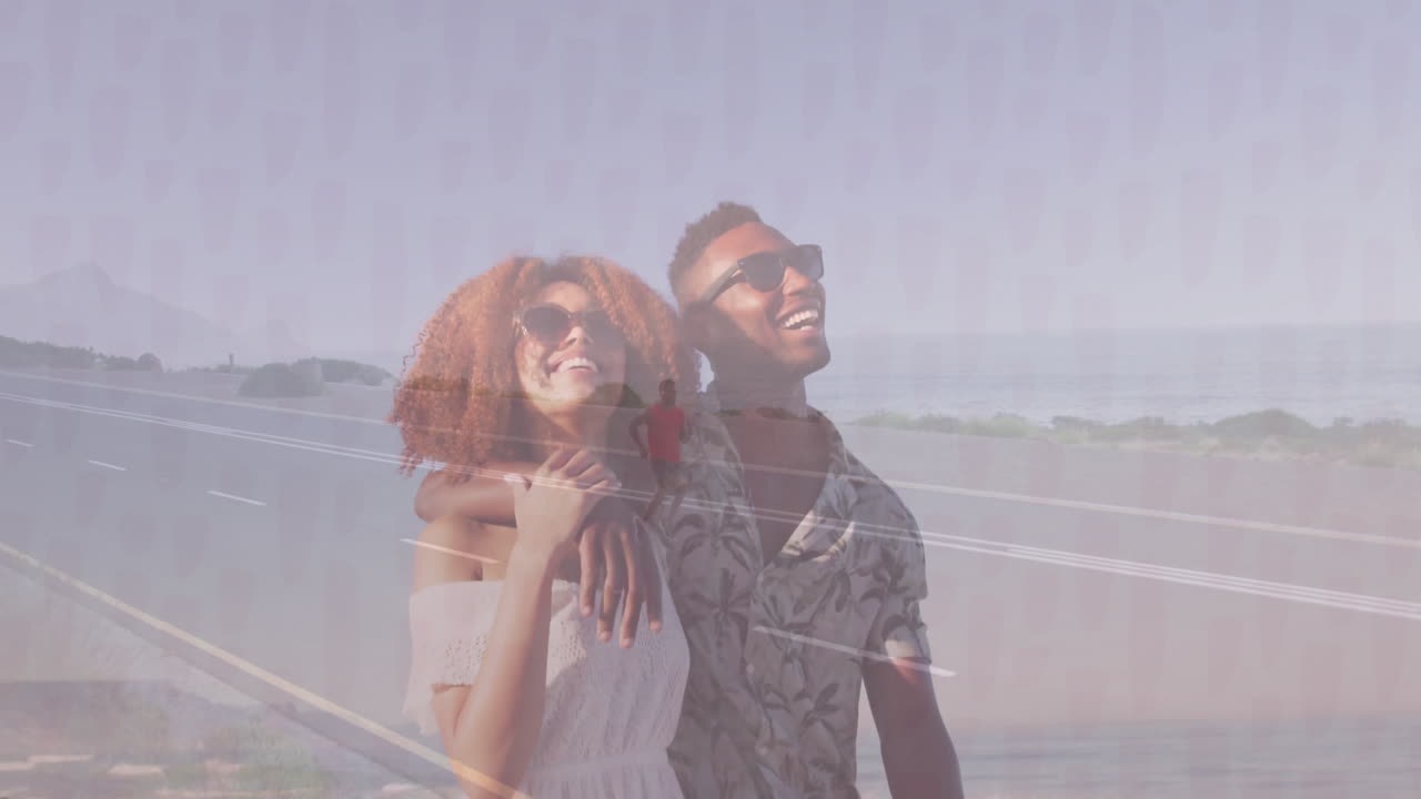 Couple walking coastal highway under sunlight in business travel, with animated map pins, chart