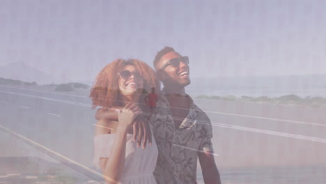 couple walking coastal highway under sunlight in business travel, with animated map pins, chart