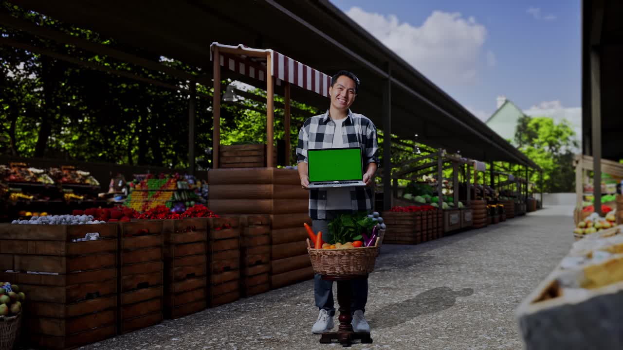 Contadino asiatico a figura intera con un cesto di verdure che mostra uno schermo verde di un portatile in un mercato agricolo