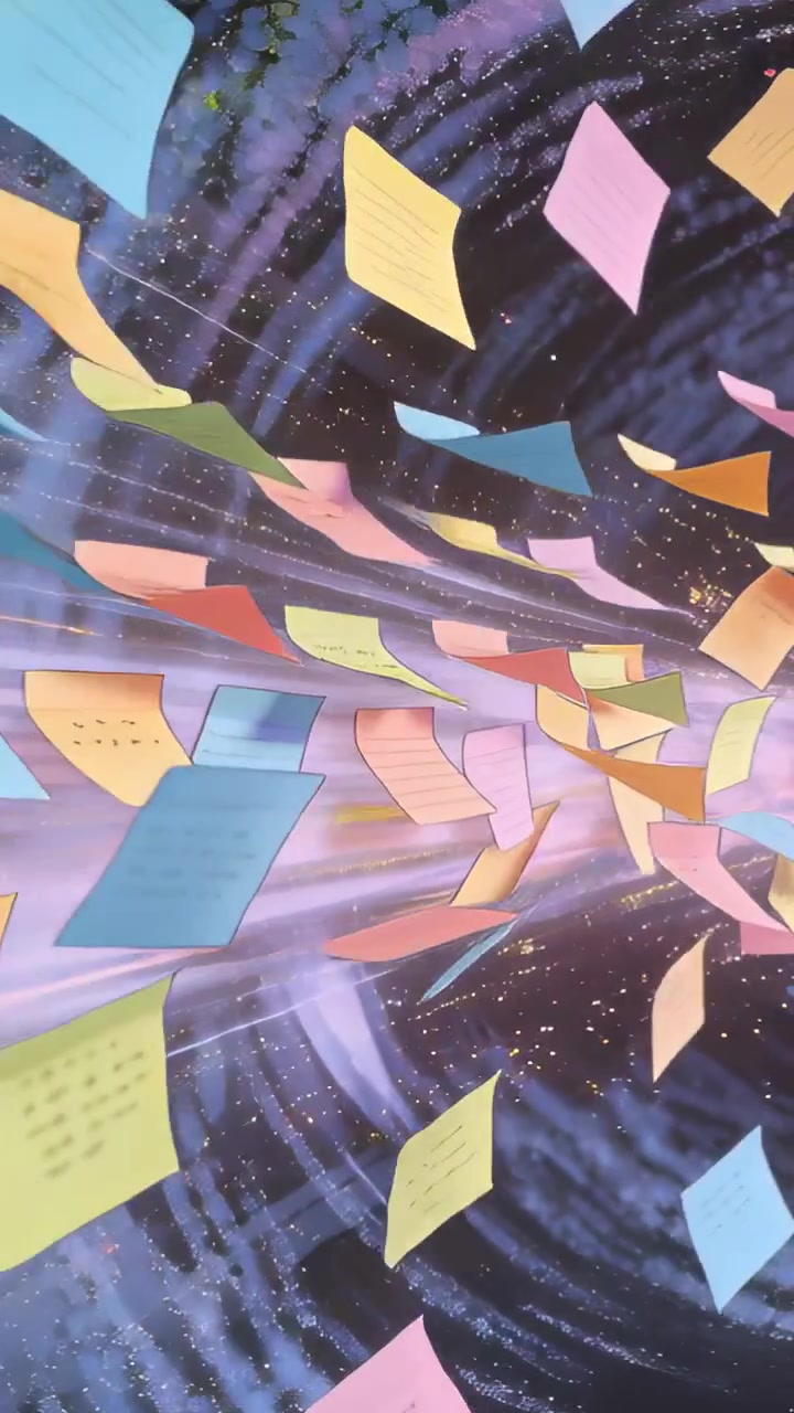 Vertical video: Drifting pastel notes filling vortex, camera moving drawing them to light