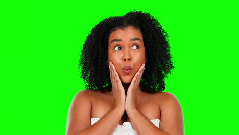 skincare, wow and face of a woman on a green