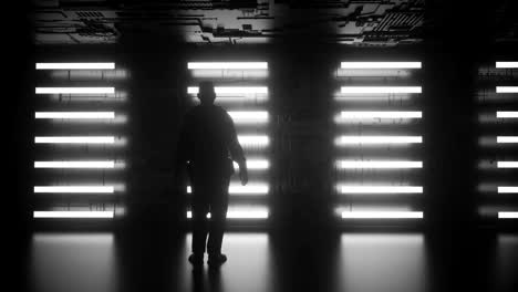 4k animation of man standing in front of a futuristic wall.