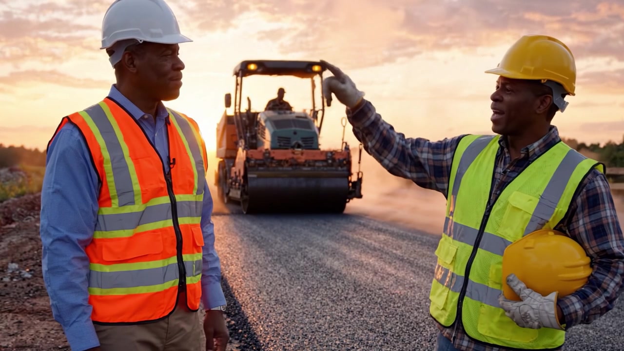 Construction workers shake hands in a successful collaboration at sunset, highlighting teamwork and dedication in the roadbuilding industry.