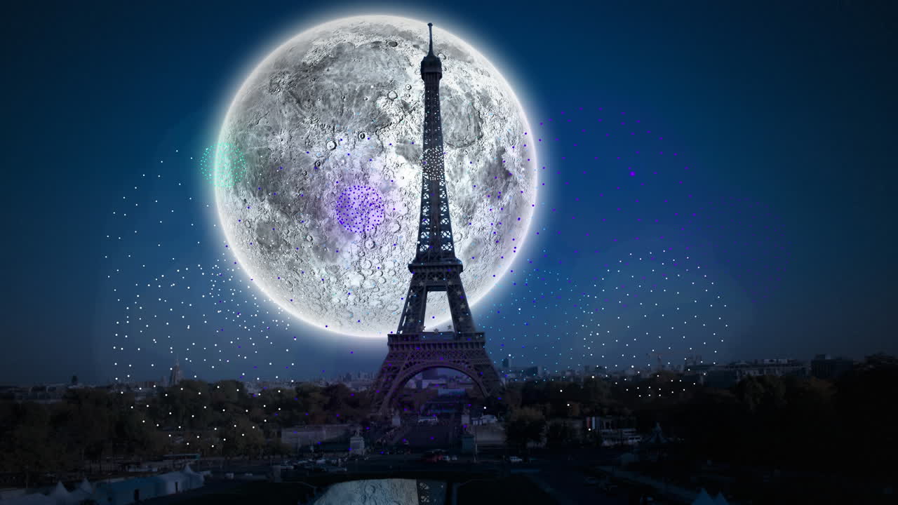 Animation of full moon with fireworks and eiffel tower background