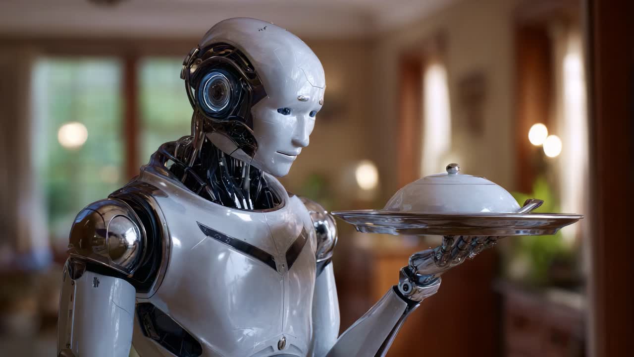 Ev ortamında yemek servisi yapan, konforlu bir yaşam alanında gelişmiş teknolojileri ve duygusal ifadeyi sergileyen insansı robot