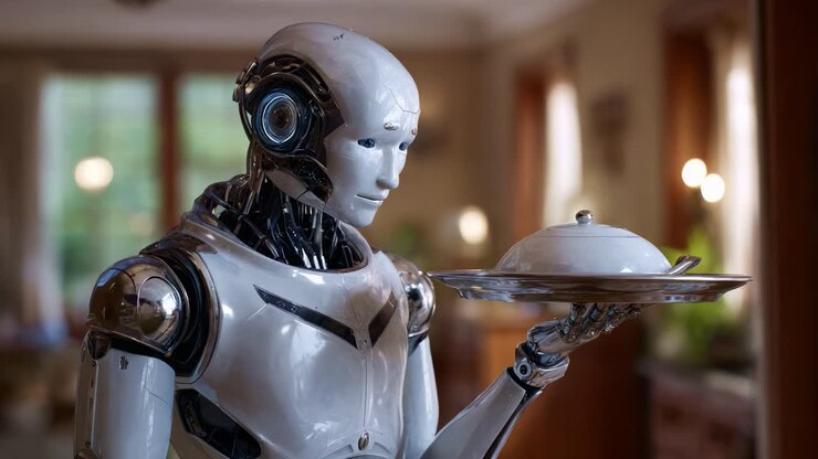 Robot umanoide che serve cibo in un ambiente domestico, che mostra tecnologie avanzate ed espressione emotiva in un ambiente confortevole