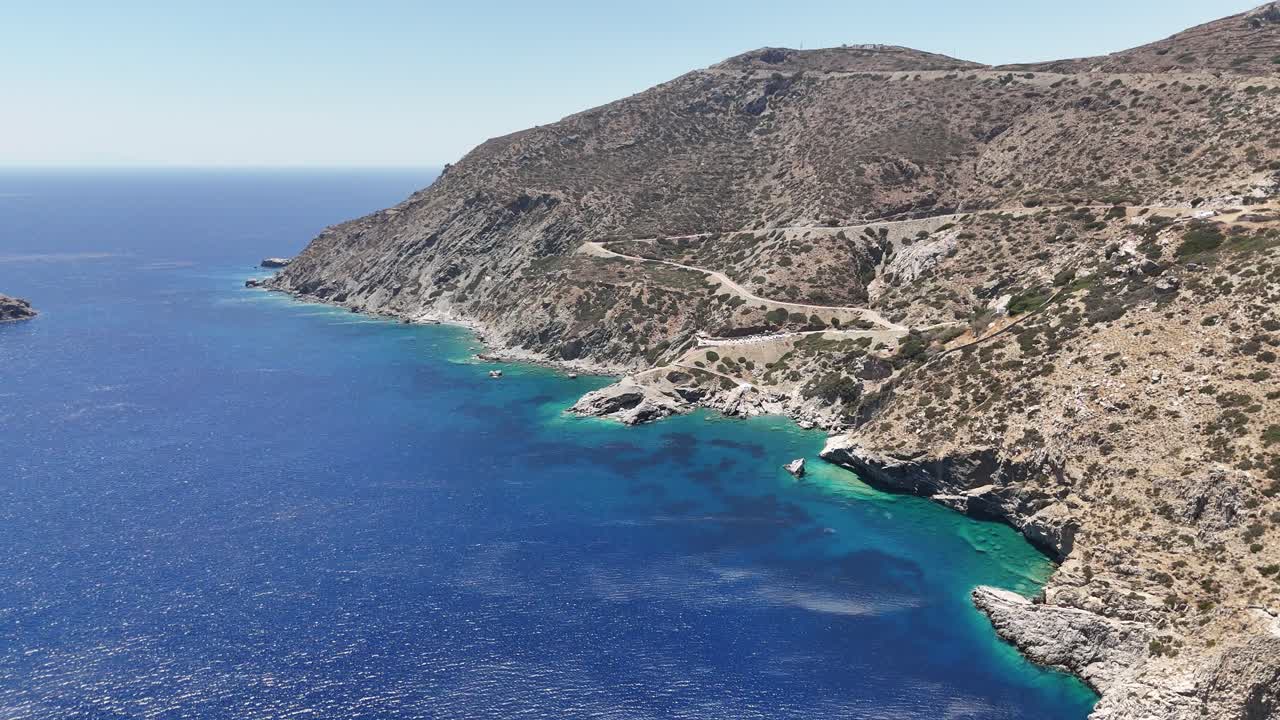 Amorgos east coast with beautiful crystal water | 4k Aerial shot Amorgos