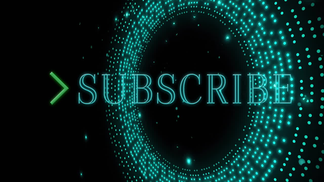 Glowing particles forming circular pattern, creating Subscribe text animation