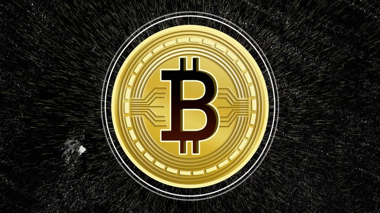 Uma linha dourada se forma e desencadeia o aparecimento de uma moeda Bitcoin, que inclina e gira, com anéis pulsando e energizando a cena.