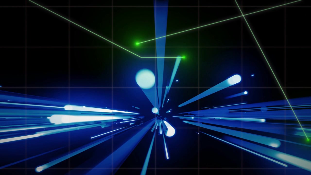 Vanishing point initiating motion, blue streaks converging and wireframe forming, showing data flow