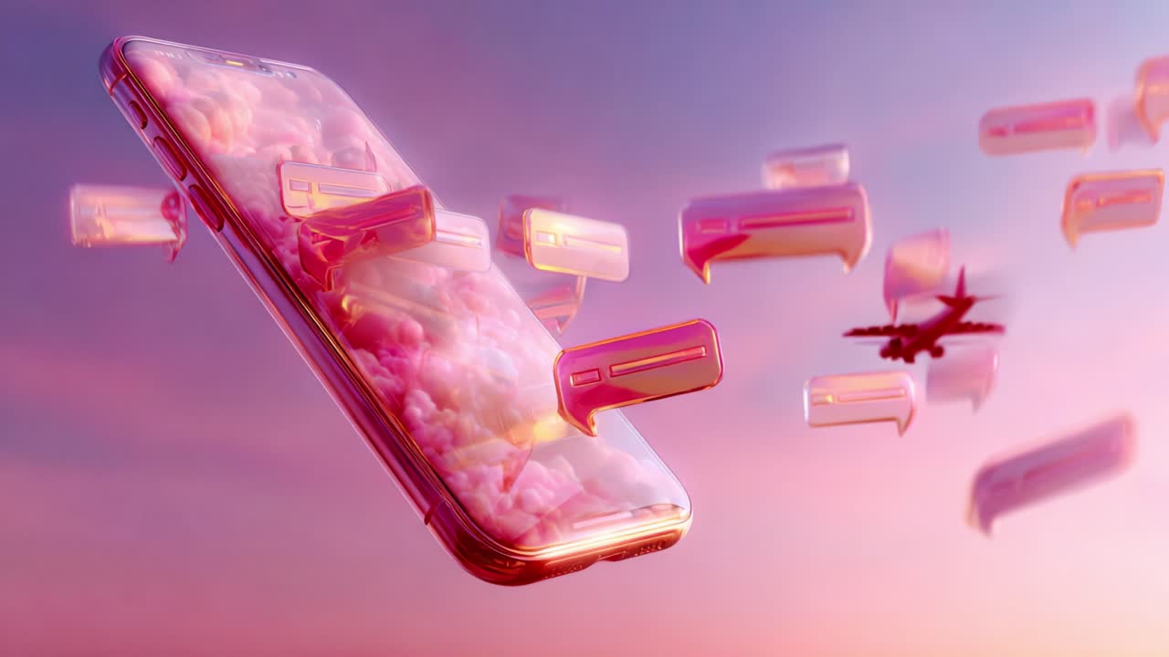 An abstract depiction of a smartphone floating amidst vibrant clouds, surrounded by digital message bubbles that illustrate modern communication and connectivity in a surreal environment